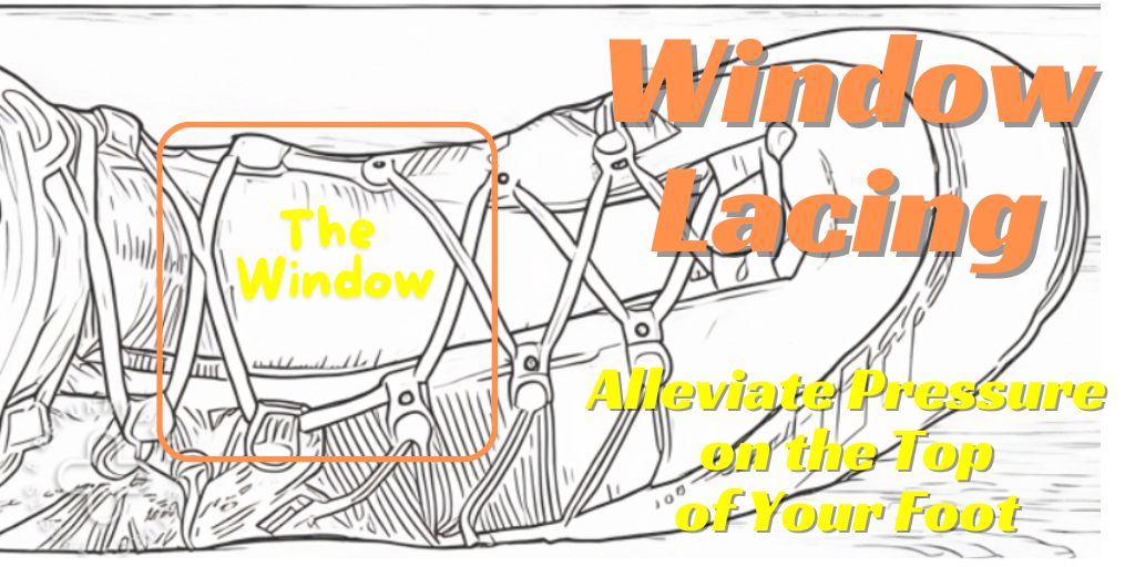 Running shoe demonstrating the Window Lacing technique, with laces skipping a pair of eyelets to create a gap, relieving pressure on the top of the foot.