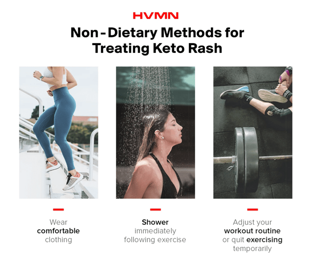 his image describes non-dietary methods of treating keto rash including wearing comfortable clothing, showering, and adjusting your workout routine