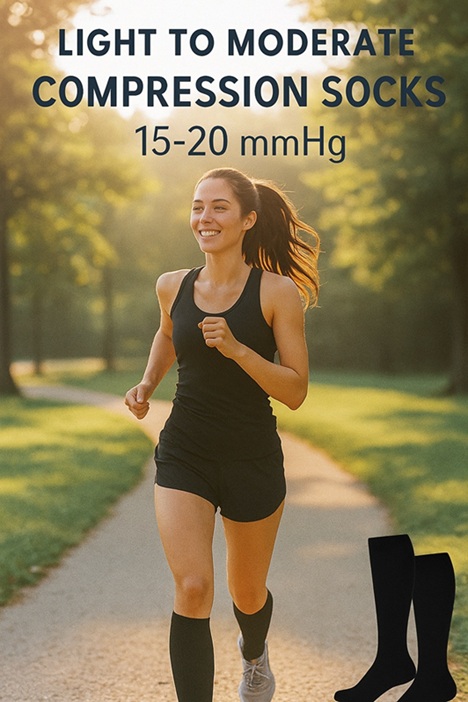 Smiling woman jogging through a sunny park wearing black CHARMKING 15-20 mmHg compression socks, symbolizing comfort, energy, and healthy circulation.