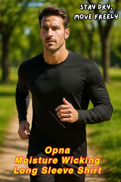 Man running in a black Opna moisture wicking long sleeve shirt on a sunny day in the park