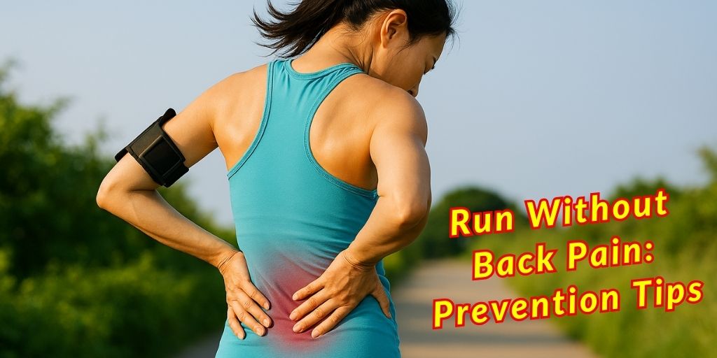 A runner in a blue sleeveless top stands on a path surrounded by greenery, holding their lower back in discomfort. Highlighting the issue of back pain during or after running.