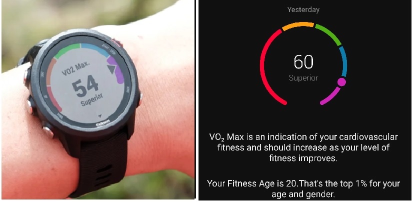 Garmin watch and Garmin Connect app shows VO2 Max rating.