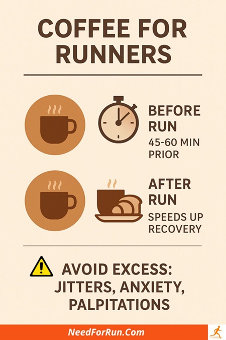 Infographic showing coffee benefits for runners, including improved performance, faster recovery through glycogen replenishment, and overall health benefits, along with a caution about excessive caffeine consumption.