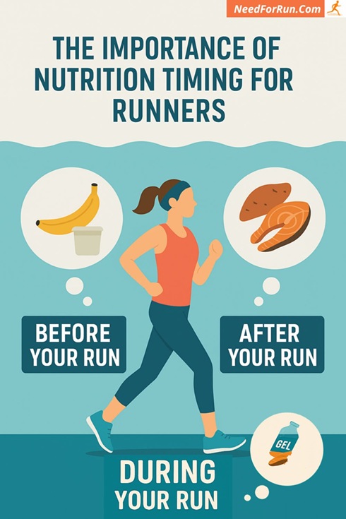 Infographic titled "The Importance of Nutrition Timing for Runners" showing recommended pre-run, mid-run, and post-run foods to optimize energy and recovery.