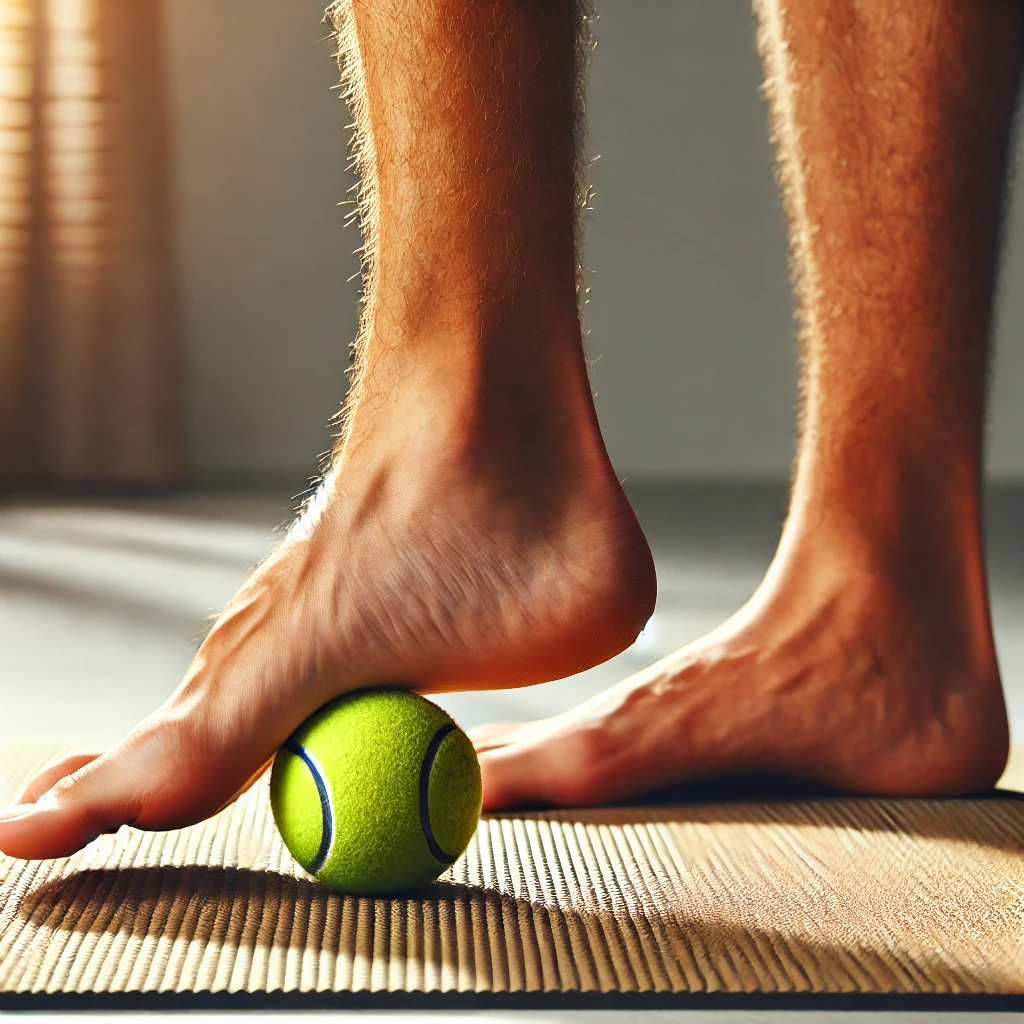 A person performing a foot massage by rolling the arch of their foot over a tennis ball, which helps to alleviate tension in the plantar fascia.