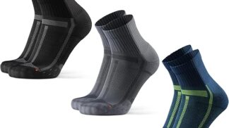 hree DANISH ENDURANCE 3 Pack Cushioned Running Socks displayed side by side in black, grey, and navy blue with green accents, showcasing quarter-length design and cushioned features on a white background.
