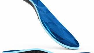 Blue PerseveranX Embrace insoles shown at an angle and in side profile, highlighting the raised arch and contoured heel.