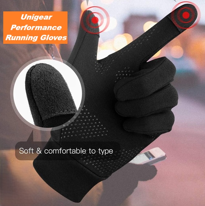 Close-up of Unigear Performance Running Gloves showing touchscreen-compatible fingertips and anti-slip grip design, ideal for typing and smartphone use while running.
