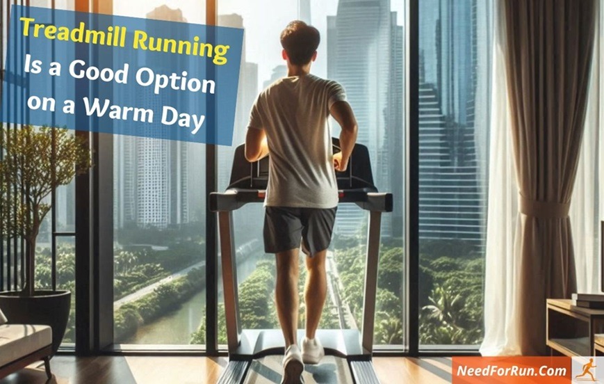 A man is running on a treadmill in a high-rise apartment with large windows showcasing a cityscape. The text overlay reads: "Treadmill Running Is a Good Option on a Warm Day." The bottom right corner displays the logo and website "NeedForRun.com."