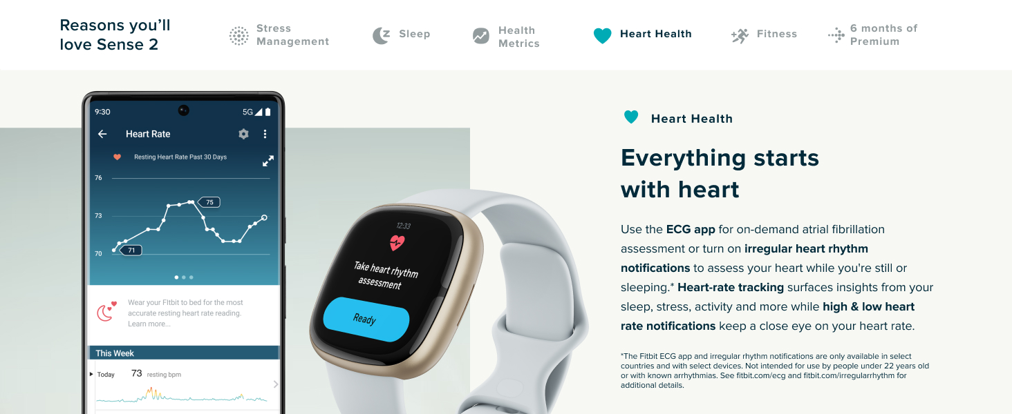 Monitor your heart health with the Fitbit Sense 2. Use the ECG app for atrial fibrillation assessment or track irregular heart rhythms while at rest or during sleep.