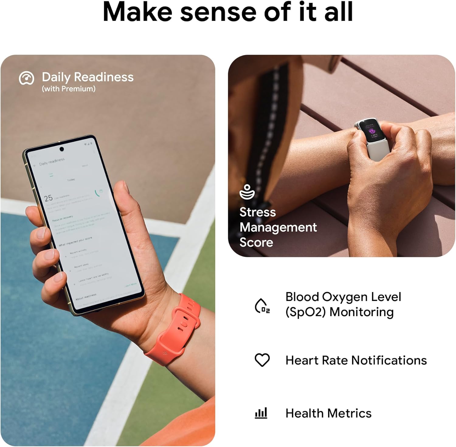 Fitbit Charge 6 with features for making sense of your health: Blood Oxygen Level (SpO2) monitoring, heart rate notifications, and comprehensive health metrics.