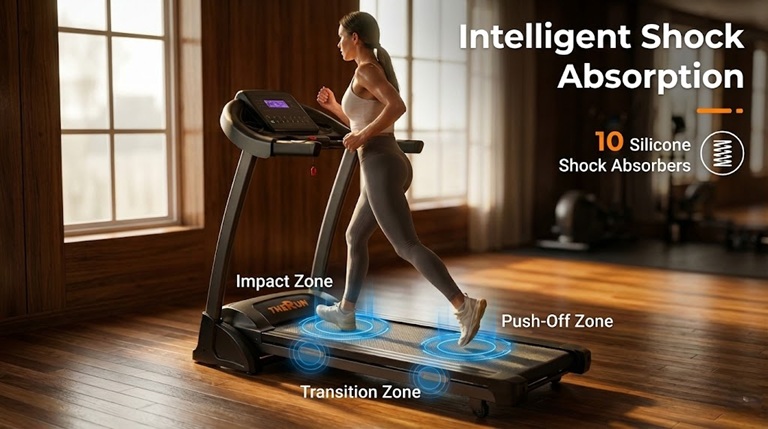 Woman Jogging on THERUN Treadmill with Intelligent Shock Absorption in Sunlit Home Gym A woman running on a sleek black THERUN treadmill, featuring its Intelligent Shock Absorption system, in a warm, sunlit room with wooden floors. The image captures a premium home fitness environment with soft lighting through large window panes.