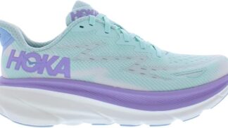 Side view of the HOKA Clifton 9 Women’s Running Shoes in light blue with a white sole and purple accents, featuring the HOKA logo in purple on the side, a breathable mesh upper, and a cushioned sole for enhanced running comfort and support.