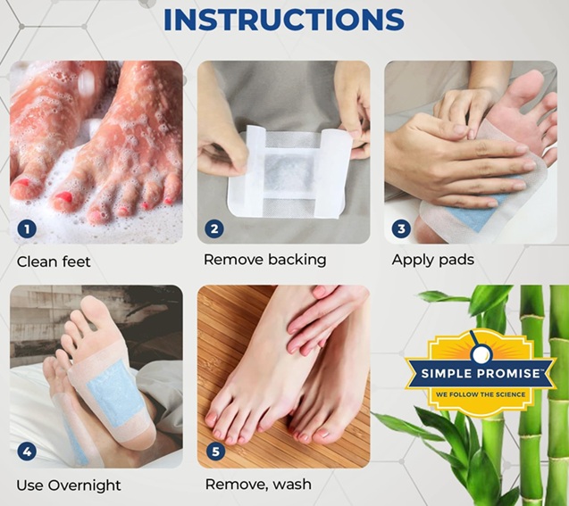 Step-by-step instructions for using Xitox Detox Foot Pads. Step 1: Clean feet with soap and water. Step 2: Remove the backing from the foot pad. Step 3: Apply pads to the soles of the feet. Step 4: Wear overnight while resting. Step 5: In the morning, remove pads and wash feet. Image includes photos for each step and the Simple Promise logo with bamboo accents.