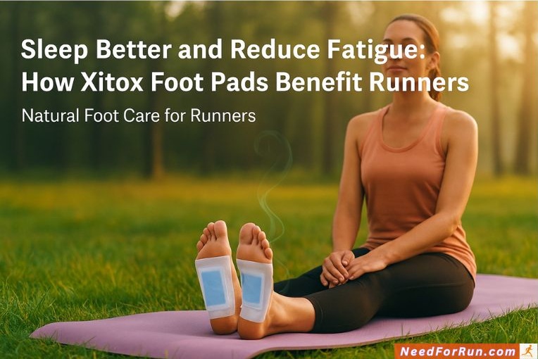 A serene image of a relaxed runner sitting on a yoga mat in a forest clearing at sunrise, with soft lighting and minty green swirls in the air. The runner has bare feet with XITOX™ Deep Cleansing Foot Pads applied, showing white adhesive pads with a blue gel center. The article title "Sleep Better and Reduce Fatigue: How Xitox Foot Pads Benefit Runners" is displayed at the top in bold white font, with the tagline "Natural Foot Care for Runners" beneath it.