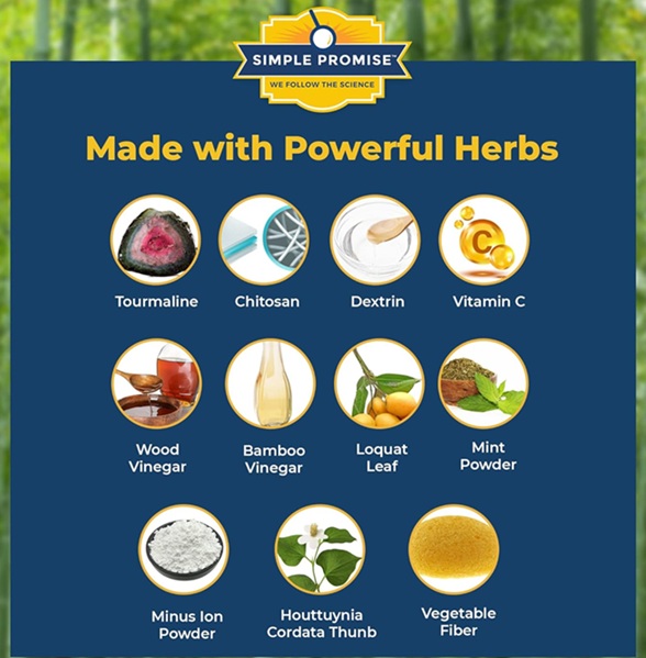Ingredient chart showing 12 powerful herbal components used in Xitox Detox Foot Pads by Simple Promise. Includes visuals and labels for Tourmaline, Chitosan, Dextrin, Vitamin C, Wood Vinegar, Bamboo Vinegar, Loquat Leaf, Mint Powder, Minus Ion Powder, Houttuynia Cordata Thunb, and Vegetable Fiber. The design features a bold blue background with a bamboo forest blur behind it.