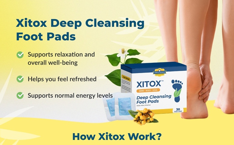 Image showing a pair of bare feet next to a box of Xitox Deep Cleansing Foot Pads with Mint Aroma. The packaging features the Simple Promise logo and a blue footprint icon. Two foot pads are displayed in front of the box along with herbal ingredients and green leaves. Text on the left highlights three benefits: supports relaxation and overall well-being, helps you feel refreshed, and supports normal energy levels. A callout at the bottom reads “How Xitox Work?” on a yellow and white background.