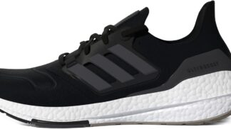 Black Adidas Men's Ultraboost 22 Running Shoe with white Boost midsole and grey stripes, shown from a side angle.
