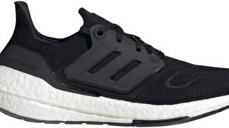 A side view of an Adidas Women’s Ultraboost 22 running shoe in black with a white BOOST midsole, featuring a breathable upper and sleek design, displayed against a plain background.