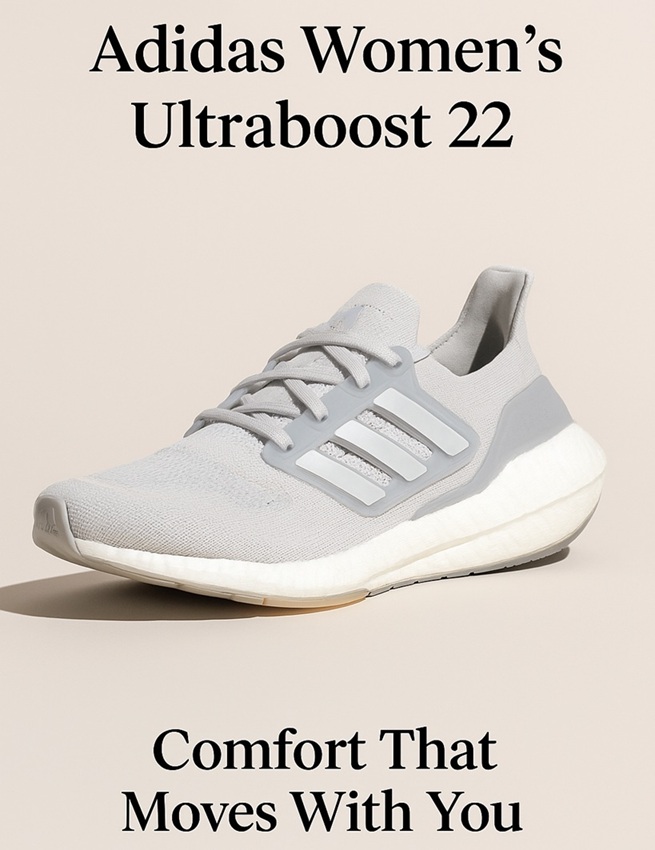 Light gray Adidas Women’s Ultraboost 22 shoe displayed on a beige background with the text "Comfort That Moves With You" above and below.
