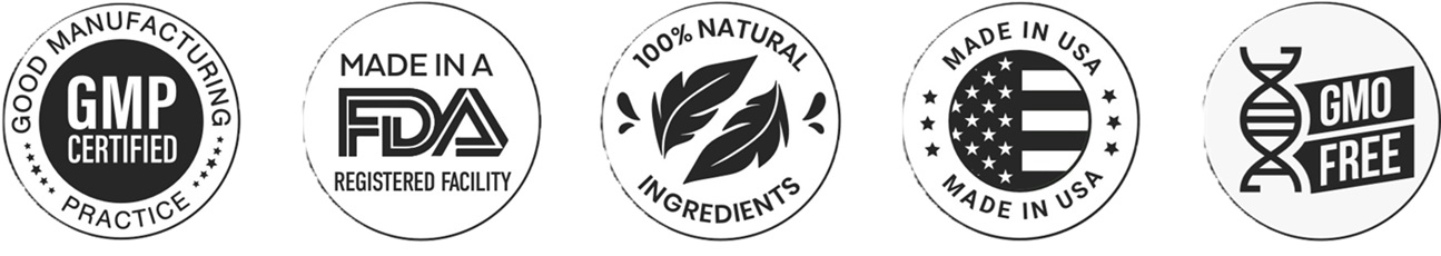 Five circular badges for Balmorex Pro, displaying certifications: GMP Certified, FDA Registered Facility, 100% Natural Ingredients, Made in USA, and GMO Free.