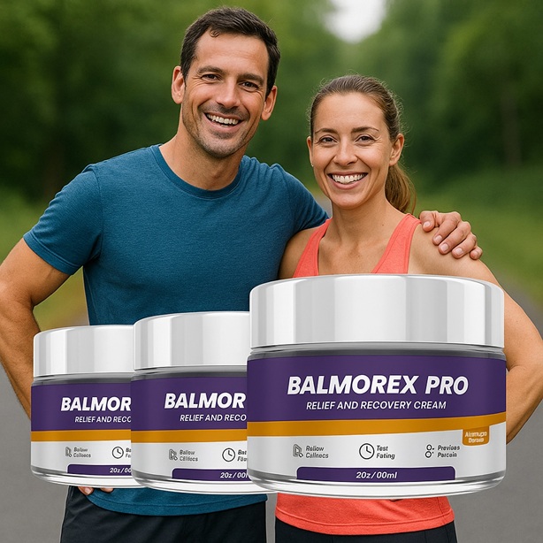 A smiling man and woman in athletic wear, standing outdoors, with three containers of Balmorex Pro Relief and Recovery Cream (2 oz / 60 mL each) superimposed over their image. The containers have white bases, purple lids, and labels with text and icons, set against a blurred green background.