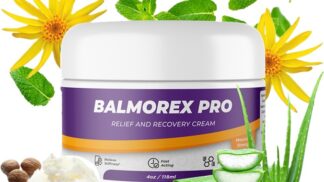 Balmorex Pro relief and recovery cream jar surrounded by aloe vera, mint leaves, and yellow flowers, highlighting natural ingredients for joint pain relief.