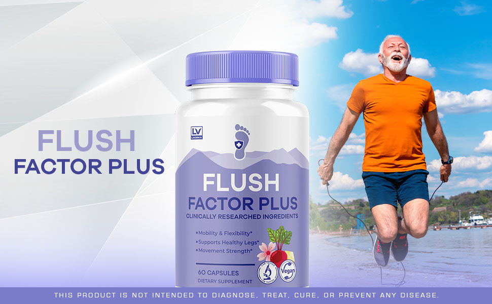 A bottle of Flush Factor Plus, a dietary supplement with 60 vegan capsules, formulated for swollen feet relief and fluid regulation in legs, ankles, and feet using clinically researched ingredients. The bottle features a purple label with mountain and footprint imagery, alongside icons for mobility, flexibility, and movement strength. In the background, an elderly man in an orange shirt and blue shorts is joyfully jumping rope near a scenic lake under a blue sky.