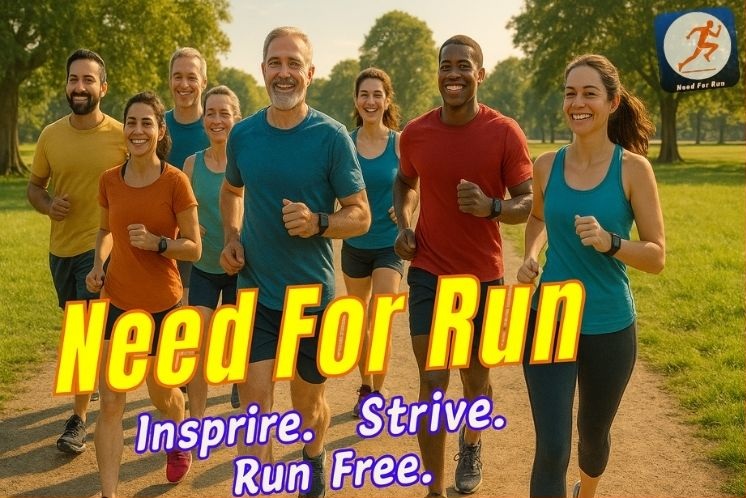 Group of diverse runners jogging together on a sunlit park path, smiling and enjoying the run, with "Need For Run" and the words "Inspire. Strive. Run Free." overlaid on the image.