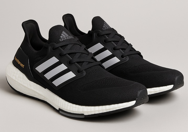 A pair of Adidas Men’s Ultraboost 22 running shoes in black with white BOOST™ midsoles and silver Three Stripes branding, displayed on a neutral background.
