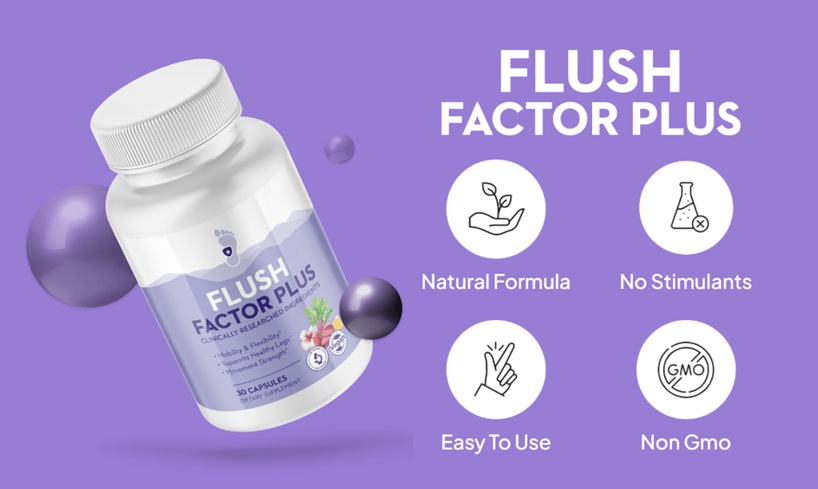 Flush Factor Plus bottle on a purple background with icons highlighting Natural Formula, No Stimulants, Easy To Use, and Non GMO, shown as a 30-capsule dietary supplement.