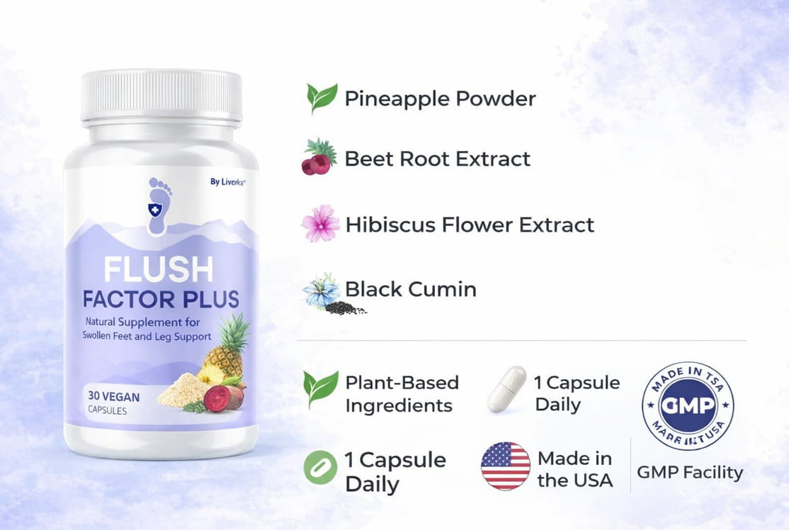 Flush Factor Plus bottle with plant-based ingredient highlights including pineapple powder, beet root extract, hibiscus flower extract, and black cumin, plus icons for 1 capsule daily, Made in the USA, and GMP facility.