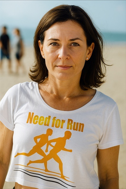 A woman runner in her mid-40s wearing a "Need for Run" t-shirt stands on a sunny beach, representing the inclusive and community-driven spirit of the NeedForRun.com running lifestyle.