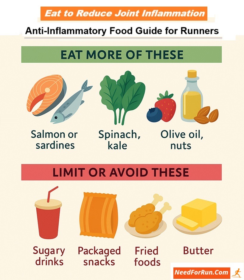 Infographic showing anti-inflammatory foods to support joint health, including salmon, sardines, spinach, kale, berries, olive oil, and nuts. Also lists foods to limit, such as sugary drinks, packaged snacks, fried foods, and butter. Designed to help runners reduce joint pain and inflammation through diet.