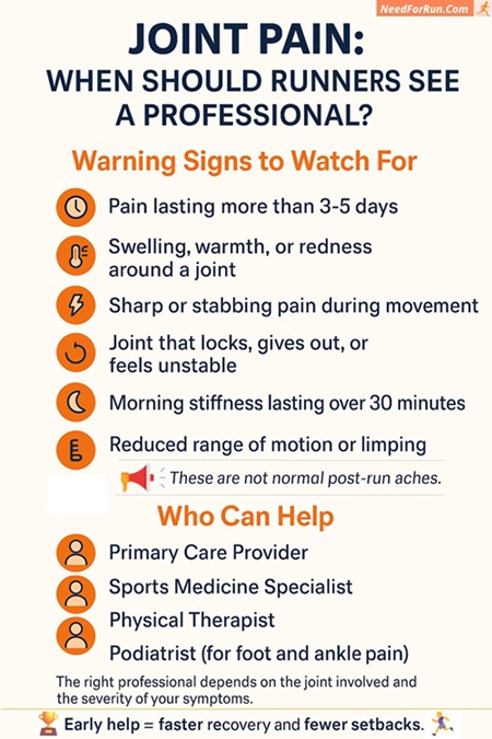 Infographic listing joint pain warning signs for runners, including symptoms like pain lasting over 3–5 days, swelling, sharp pain, joint instability, morning stiffness, and limited range of motion. It also identifies medical professionals who can help, such as primary care providers, sports medicine specialists, physical therapists, and podiatrists. The graphic emphasizes that early help leads to faster recovery and fewer setbacks.