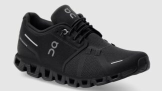 Sleek all-black On Men's Cloud 5 Running Shoes featuring a ventilated mesh design, adjustable laces, and a supportive cushioned outsole, captured from a side perspective.