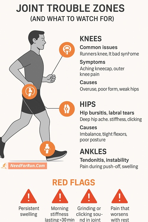 Infographic showing common joint pain areas in runners, including knees, hips, and ankles, with icons and descriptions of typical conditions, symptoms, and causes. A runner silhouette highlights each joint area. Red flags such as persistent swelling, morning stiffness, and grinding sounds are listed at the bottom.