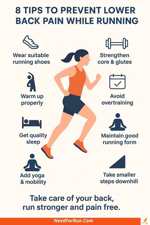 Infographic showing a runner in the center surrounded by eight icons with short tips for preventing lower back pain while running, including shoes, strength training, warm-up, recovery, sleep, proper form, yoga, and careful downhill running.