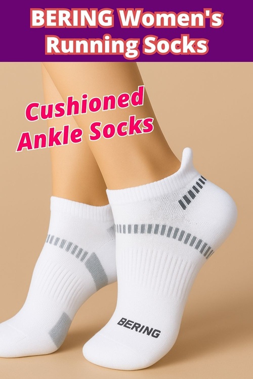Bering women’s performance running socks in white with gray support stripes and cushioned heel tab, shown on feet against beige background.