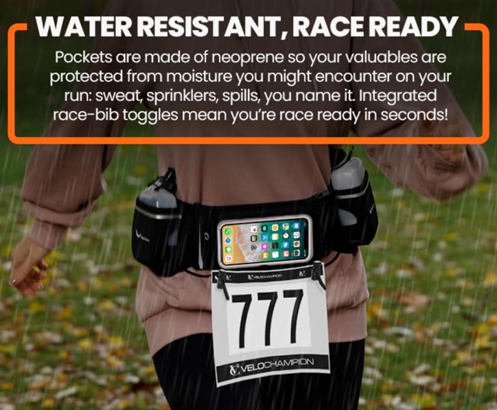 Runner in rainy conditions wearing RunTasty Running Hydration Belt with water-resistant neoprene pockets protecting phone and valuables from moisture like sweat, sprinklers, or spills; features integrated race-bib toggles for quick race readiness, shown with attached bib number 777.