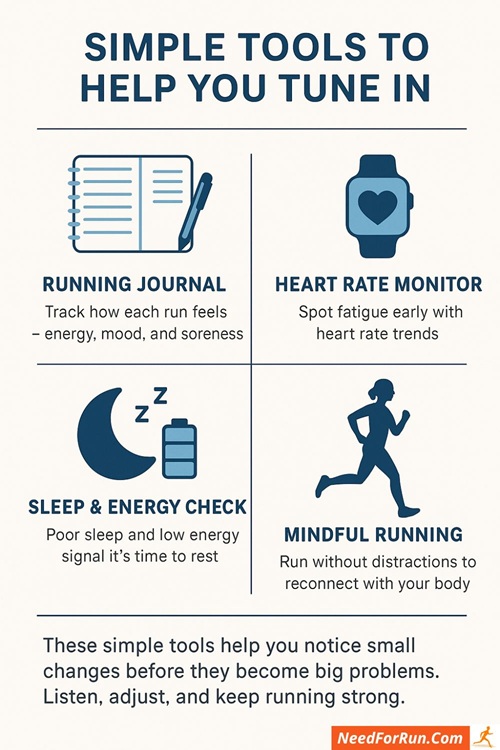 Infographic titled “Simple Tools to Help You Tune In” showing four ways runners can better understand their bodies: keeping a running journal, using a heart rate monitor, checking sleep and energy, and practicing mindful running. The minimalist design with dark blue icons encourages awareness, balance, and consistency in training.