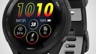 Garmin Forerunner 265 Running Smartwatch displaying running timer at 1:08:20, distance 7.65 miles, pace 8:55 per mile, and heart rate 140 bpm with color-coded zone indicator