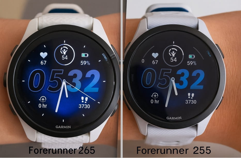 Side-by-side comparison of Garmin Forerunner 265 and Forerunner 255 smartwatches showing differences in display technology