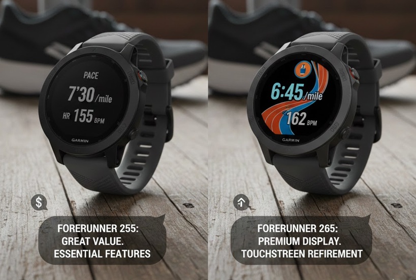 A split image showing two Garmin Forerunner watches side-by-side on a wooden surface, with running shoes in the background. On the left is the Forerunner 255 (MIP display), with a speech bubble pointing to it labeled "FORERUNNER 255: GREAT VALUE. ESSENTIAL FEATURES" and a dollar sign icon. On the right is the Forerunner 265 (AMOLED display), with a speech bubble labeled "FORERUNNER 265: PREMIUM DISPLAY. TOUCHSCREEN REFINEMENT" and an upward arrow icon, visually representing the price difference and key selling points.