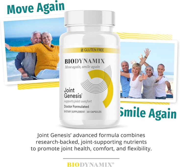 Banner for Joint Genesis by Biodynamix, featuring the product bottle, images of active seniors on the beach, slogans 'Move Again' and 'Smile Again', and text describing the advanced formula with research-backed nutrients for joint health, comfort, and flexibility.