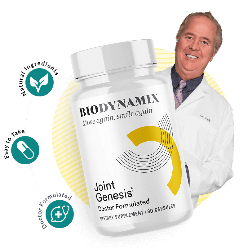 Image of Joint Genesis bottle by Biodynamix, a doctor-formulated dietary supplement for joint comfort, endorsed by Dr. Weis in a lab coat, with icons for natural ingredients, capsules, and medical formulation.