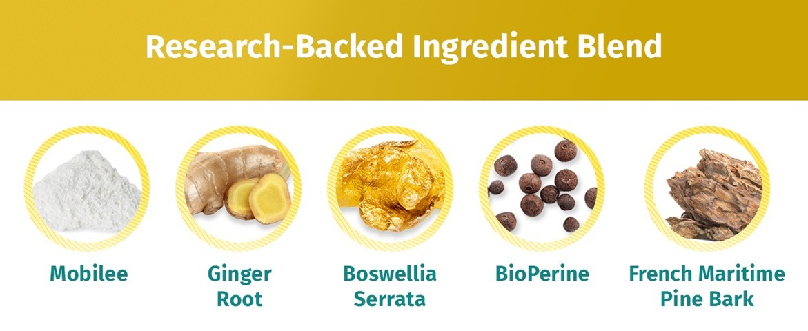 Banner for Joint Genesis by Biodynamix, showcasing research-backed ingredient blend including Mobilee as white powder, Ginger Root as sliced ginger, Boswellia Serrata as golden resin, BioPerine as black peppercorns, and French Maritime Pine Bark as bark pieces.
