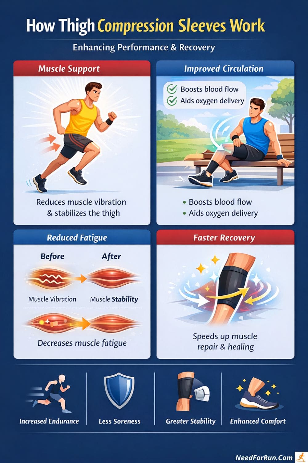 Infographic explaining how thigh compression sleeves provide muscle support, improve circulation, reduce fatigue, and support faster recovery.