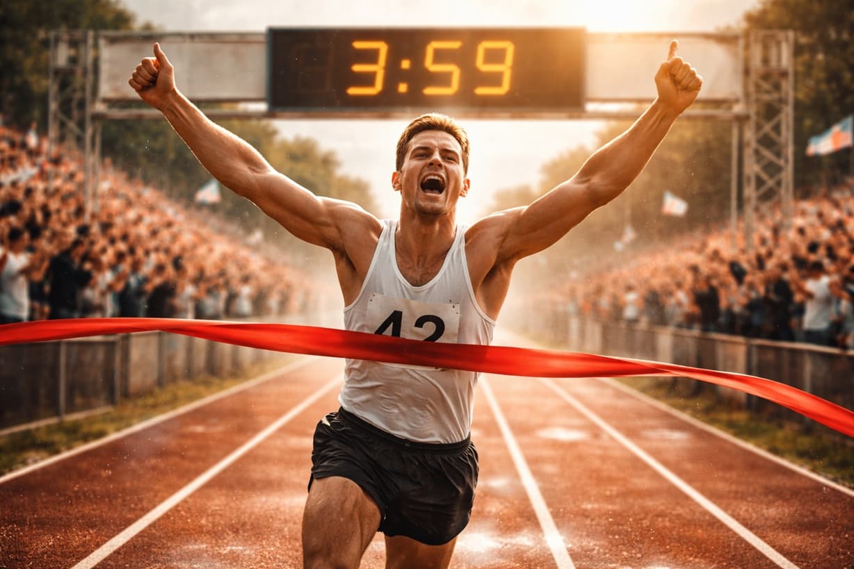 Runner breaking the four-minute mile barrier on a track, illustrating the mental breakthrough inspired by Roger Bannister