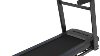 Horizon Fitness T202 folding treadmill in black with blue highlights, featuring a large LCD console, Variable Response Cushioning belt, ergonomic handrails, and transport wheels, shown in full side-front view on white background